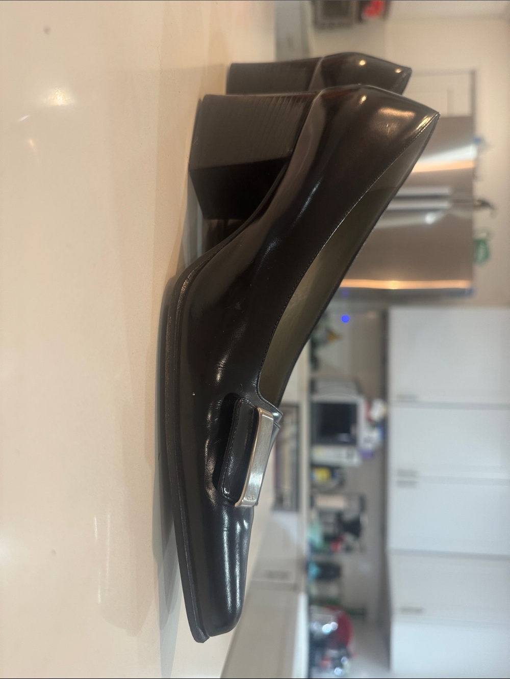 Prada Black Patent Leather Pointed Toe Mid Block Heel Pumps - Picture 9 of 17